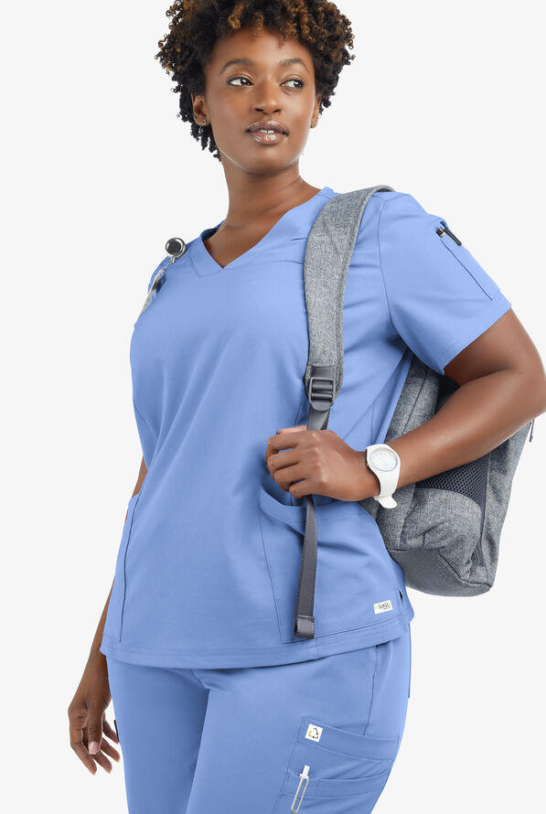 Butter-Soft Women's 6-Pocket V-Neck Scrub Top **Slightly IRREGULAR** - Ceil Blue - 7