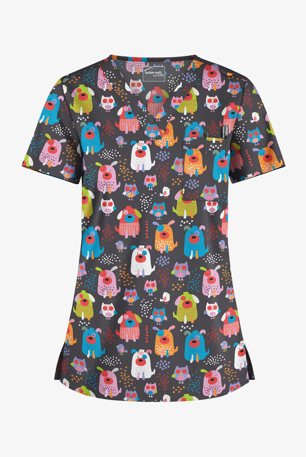 Butter-Soft STRETCH Yard Friends Pewter Women's 1-Pocket Tuck-In V-Neck Print Scrub Top - null - 1