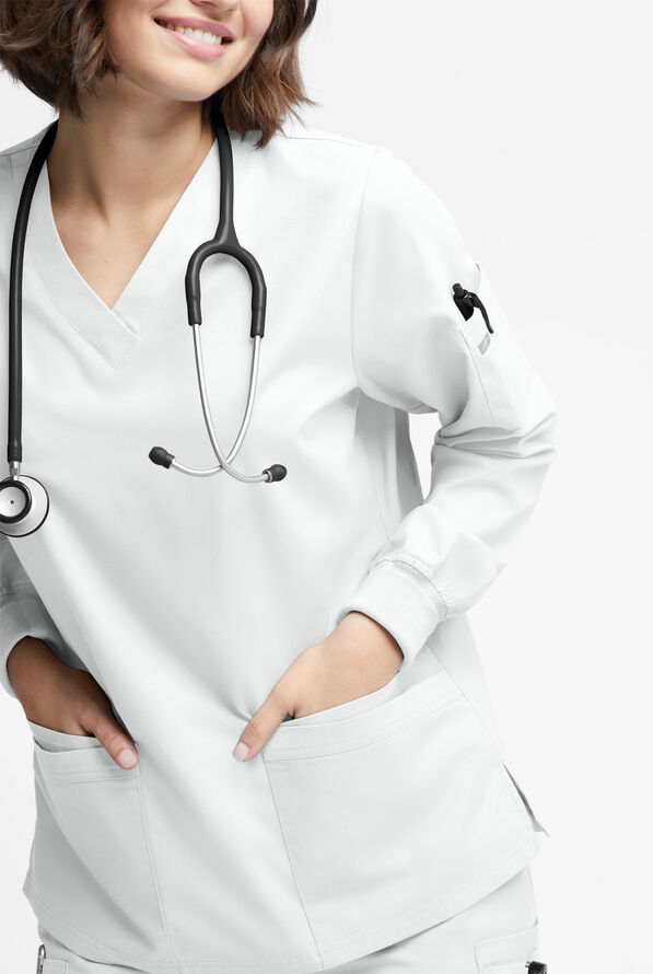 SAASHI Solid White V-neck Scrub Tops, Short Sleeve Patched Pockets Uniform