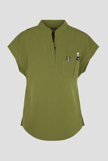 Blusa médica koi Solis Catrin STRETCH con cuello en V con cremallera y tapeta en contraste y 1 bolsillo para mujer