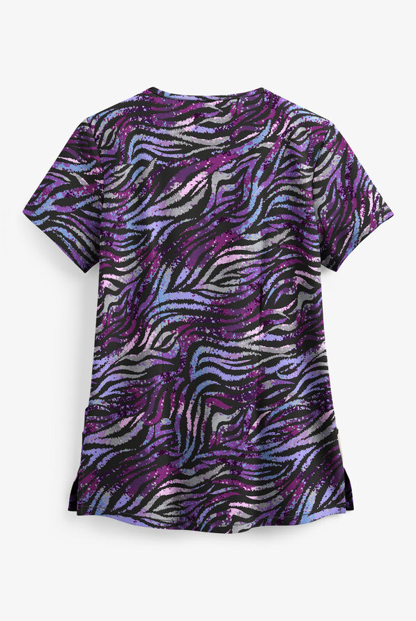 Butter-Soft Watercolor Zebra Black Printed Women's 4-Pocket V-Neck Scrub Top - null - 2