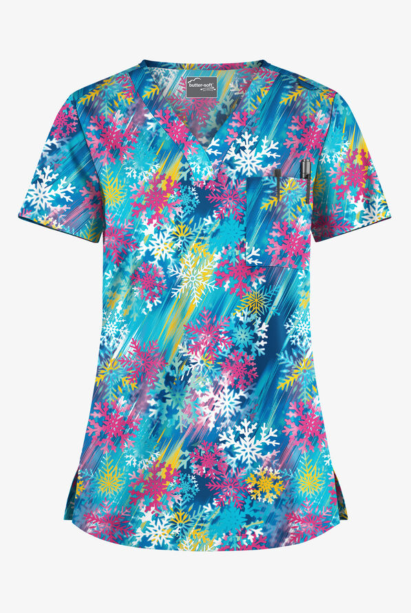 Butter-Soft STRETCH Big City Flurry Fuchsia Women's 1-Pocket Tuck-In V-Neck Print Scrub Top - null - 1