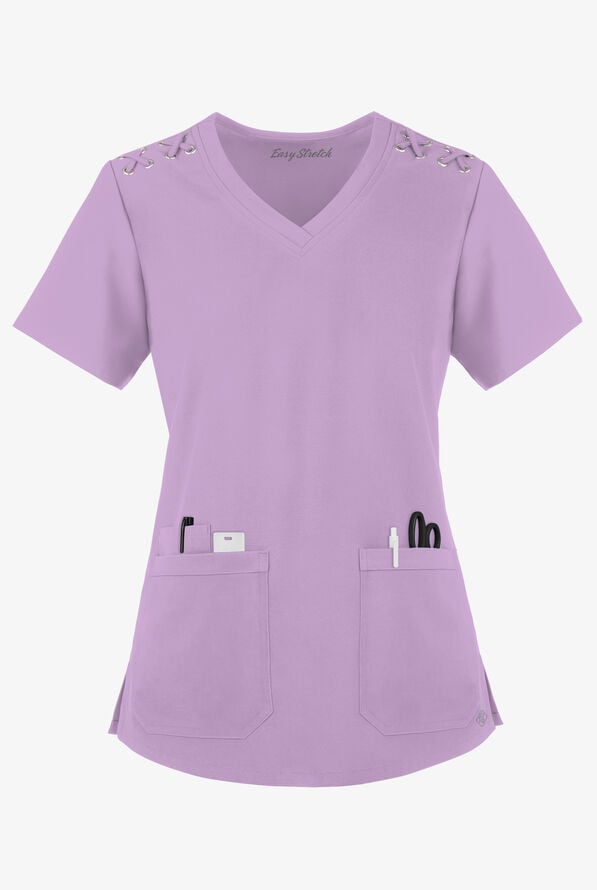 Easy STRETCH Leila Women's 3-Pocket Lace Up Grommet Scrub Top - Amethyst Mist - 1