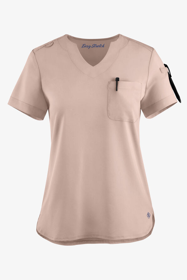 Easy STRETCH Nikki Women's 1-Pocket Scallop Neck Tuck-In Scrub Top - Mocha Meringue - 1