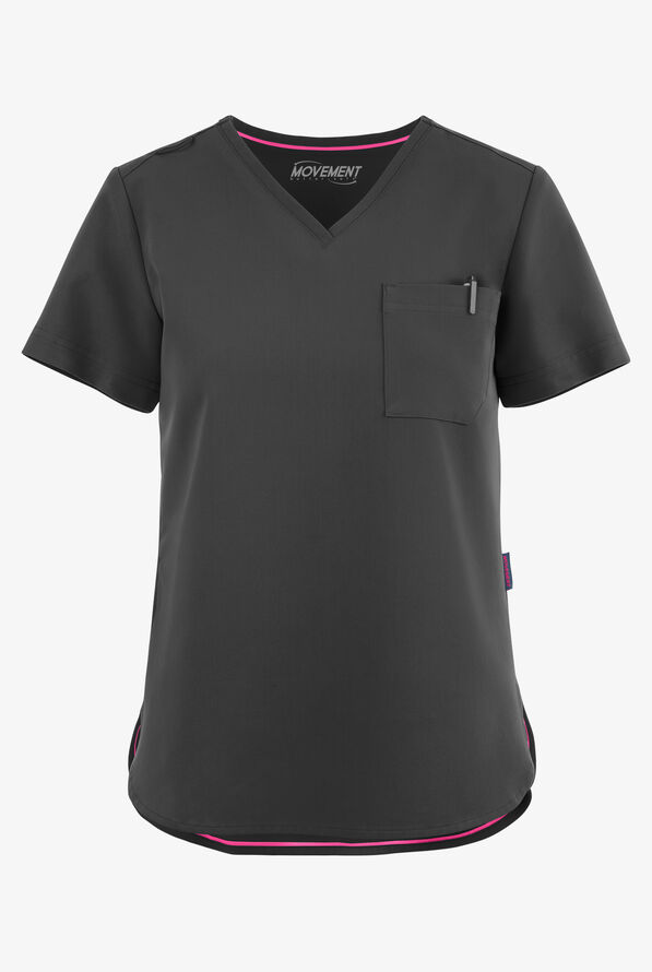 MOVEMENT by Butter-Soft Ceti Women's 1-Pocket V-Neck Tuck-In STRETCH Scrub Top - Pewter - 1