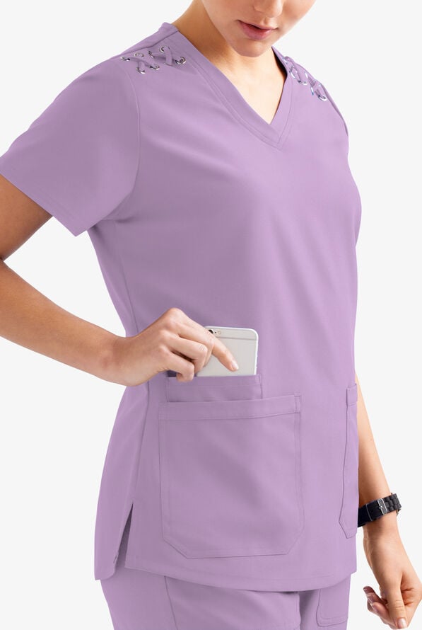 Easy STRETCH Leila Women's 3-Pocket Lace Up Grommet Scrub Top - Amethyst Mist - 3