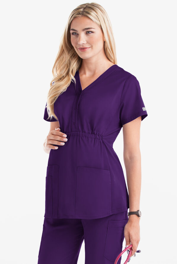 Butter-Soft STRETCH Women's 3-Pocket Knit Panel Maternity Scrub Top - Eggplant - 2