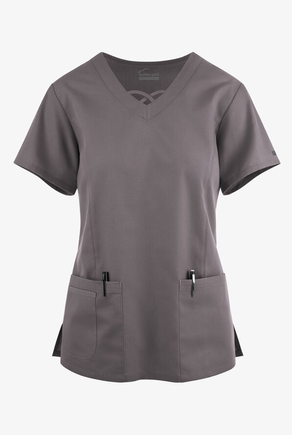 Blusa médica Butter-Soft Originals con cuello entrecruzado y 3 bolsillos para mujer - Grey Stone - 1