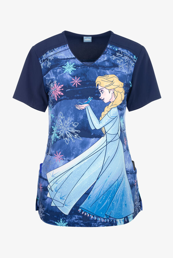 Tooniforms Disney's Bruni and Elsa Women's 2-Pocket STRETCH V-Neck Print Scrub Top - null - 1