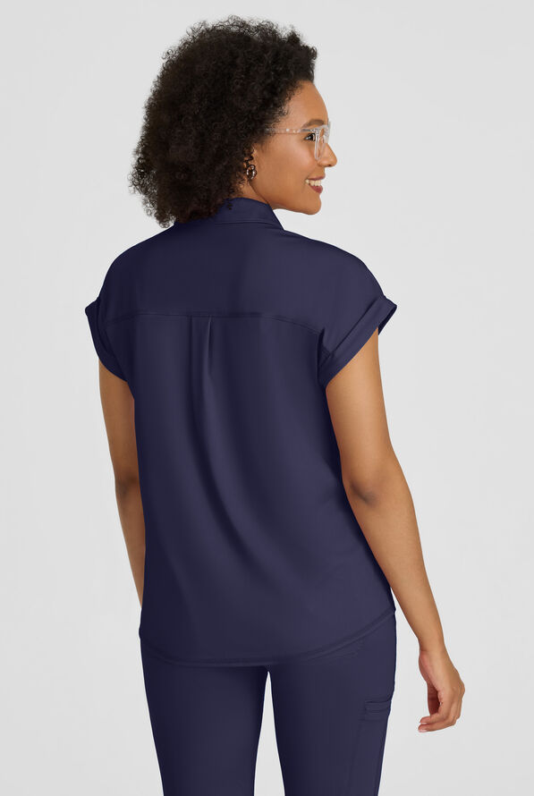 Grey's Anatomy by Barco Knit STRETCH Renew Women's 1-Pocket Dolman Sleeve Polo Scrub Top - Indigo - 4