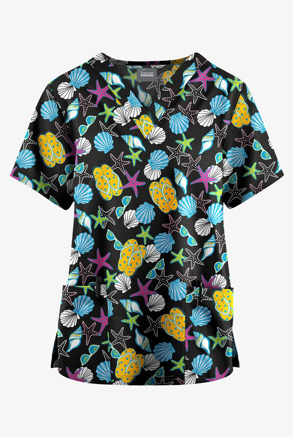 Butter-Soft Originals Walk On The Beach Women's 2-Pocket Classic Fit V-Neck Print Scrub Top - null - 1