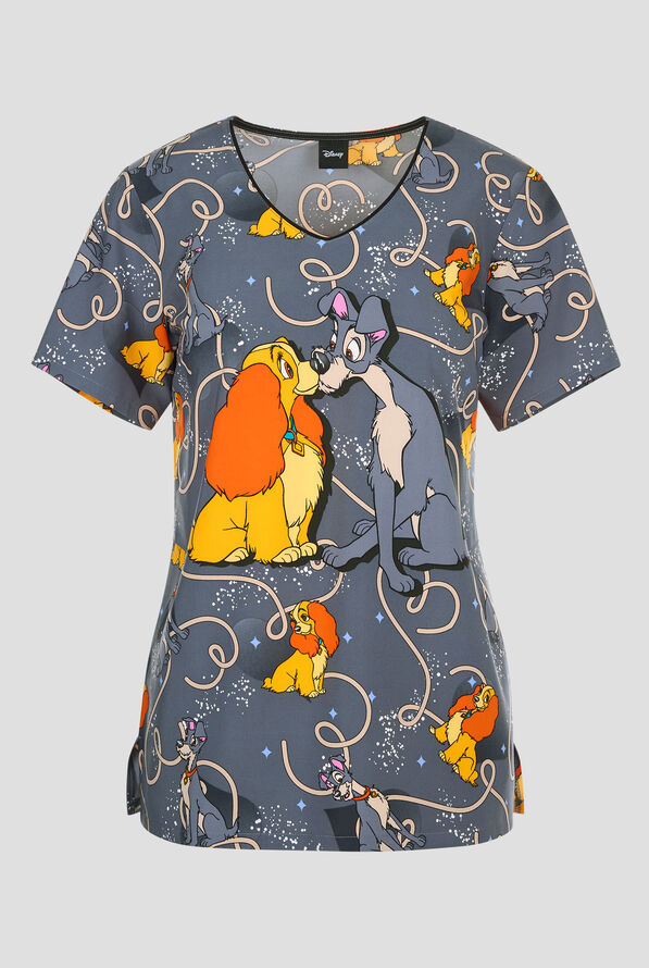 Tooniforms Disney's Lady and the Tramp Ca-Noodling Women's 2-Pocket STRETCH V-Neck Print Scrub Top - null - 1