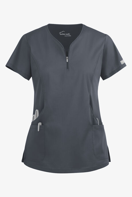 Butter-Soft STRETCH Women's 4-Pocket Curved Neck Zipper Scrub Top