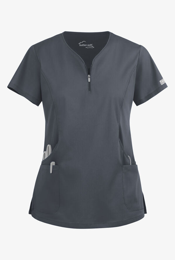 Butter-Soft STRETCH Women's 4-Pocket Curved Neck Zipper Scrub Top - Pewter - 1