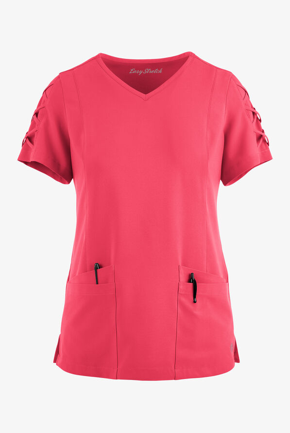 Easy STRETCH Kylie Woman's 5 Pocket V-Neck With Criss-Cross Detail Scrub Top - Bright Watermelon - 1