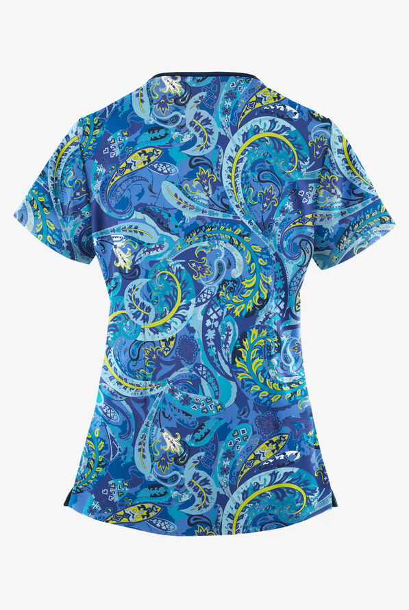 Easy STRETCH  Charming Swirls Fresh Lime Women's 4-Pocket Zipper Neck Print Scrub Top - null - 2