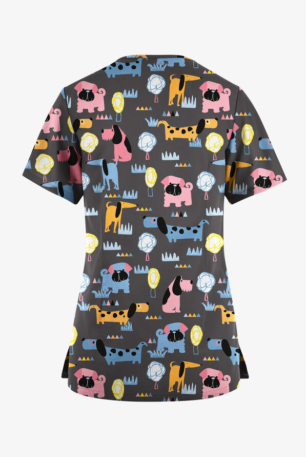 Butter-Soft Originals Meeting In The Park Pewter Women's 7-Pocket Rounded V-Neck Print Scrub Top - null - 2