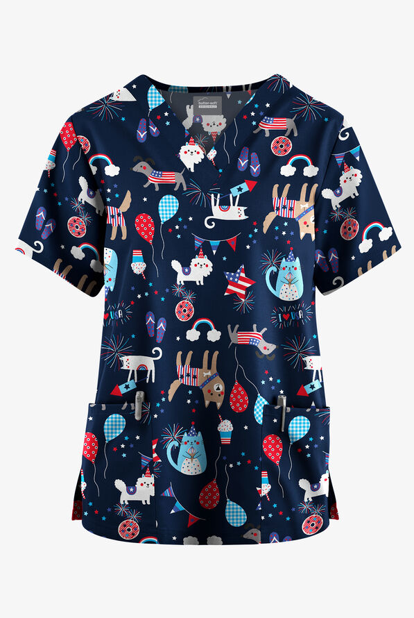Butter-Soft Originals Patriotic Pets Navy Women's 2-Pocket V-Neck Print Scrub Top - null - 1