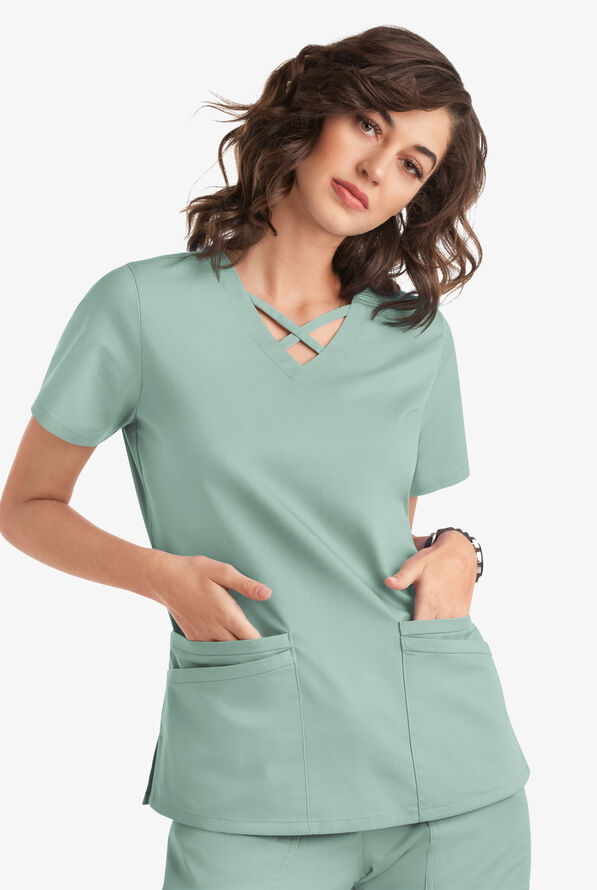 Blusa m&eacute;dica UA Butter-Soft STRETCH con lazos entrecruzados y 4 bolsillos para mujer - Eucalyptus Leaf - 5