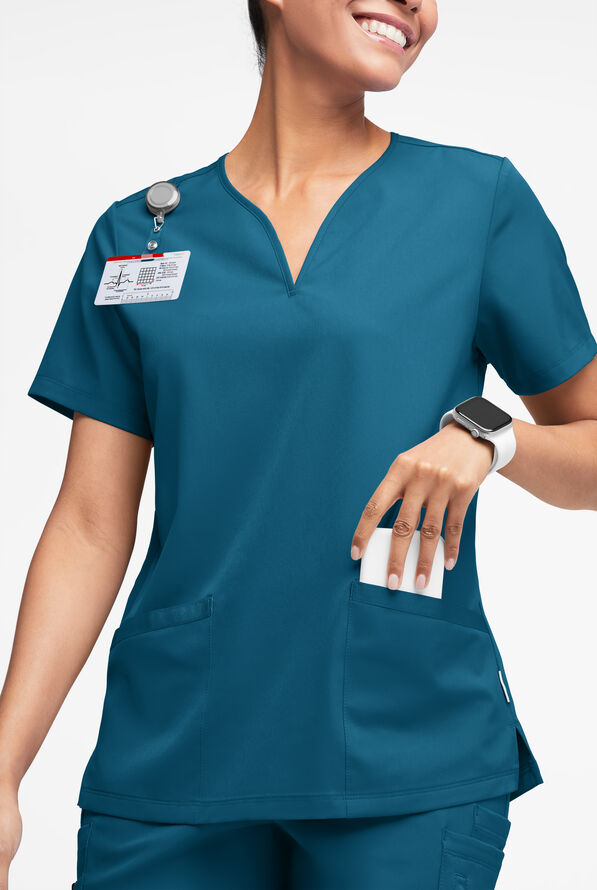 WhisperLite Dahlia Women's 4-Pocket Stretch Notched Neck Scrub Top - Caribbean Blue - 1
