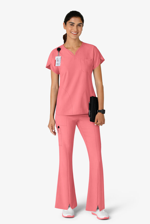 Wink Renew Women's 7-Pocket STRETCH Yoga Waist Flare Notch Leg Cargo Scrub Pants - Paradise Pink - 4