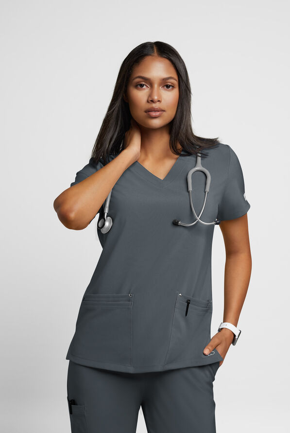 Easy STRETCH Lina Mitered Women's 4-Pocket V-Neck Scrub Top - Pewter - 2