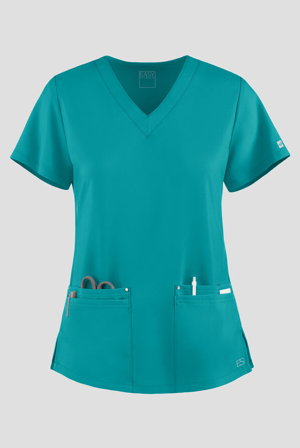 Easy STRETCH Lina Mitered Women's 4-Pocket V-Neck Scrub Top - Teal - 1