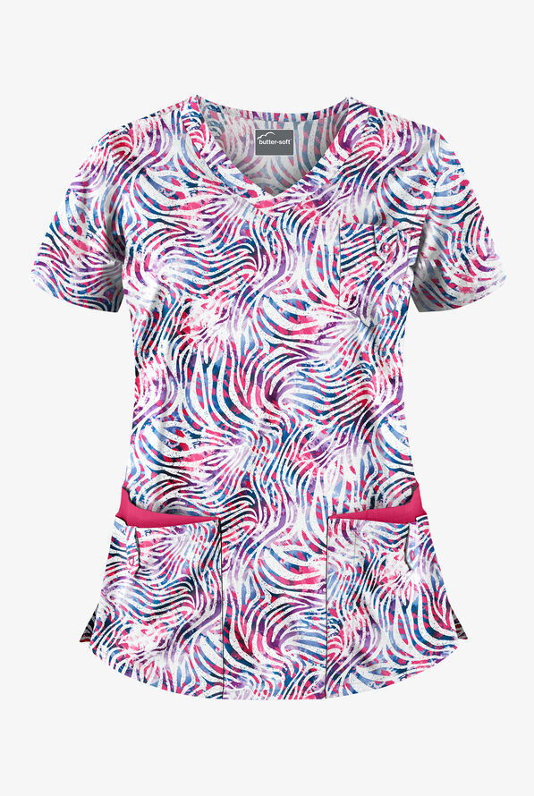 Butter-Soft Abstract Zebra Fuchsia Women's 5-Pocket Rounded V-Neck Print Scrub Top - null - 1