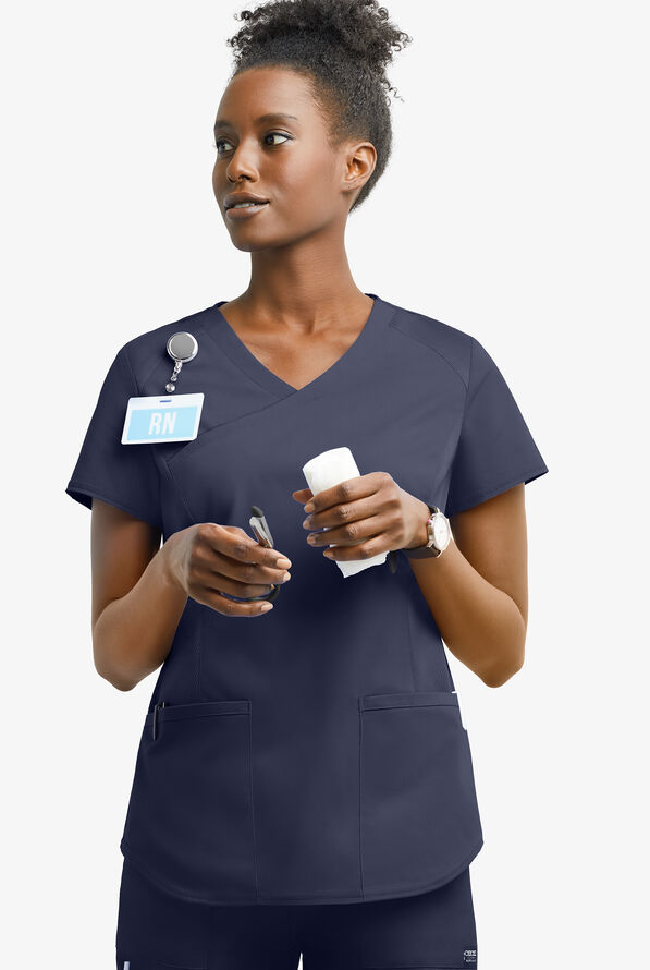 UA Exclusive Cherokee Workwear Professionals Active Women's 2-Pocket STRETCH Mock Wrap Scrub Top - Navy - 2