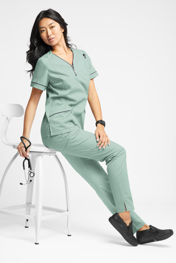 Butter-Soft STRETCH Women's 5-Pocket V-Neck with Front Zipper Scrub Top - Eucalyptus Leaf/Pewter - 4