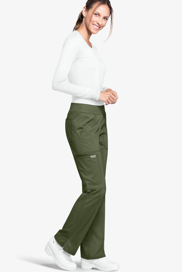 Cherokee Workwear Revolution Women's 4-Pocket STRETCH Pull-On Cargo Scrub Pants - Petite - Olive - 2