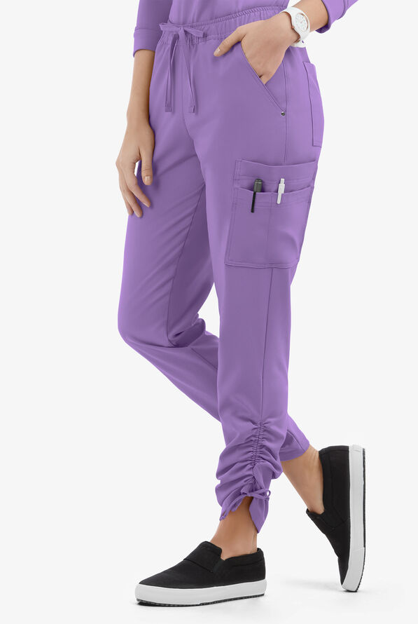 Easy STRETCH Halle Women's 11-Pocket Ruched Leg Jogger Scrub Pants - Petite - Ultraviolet Light - 1