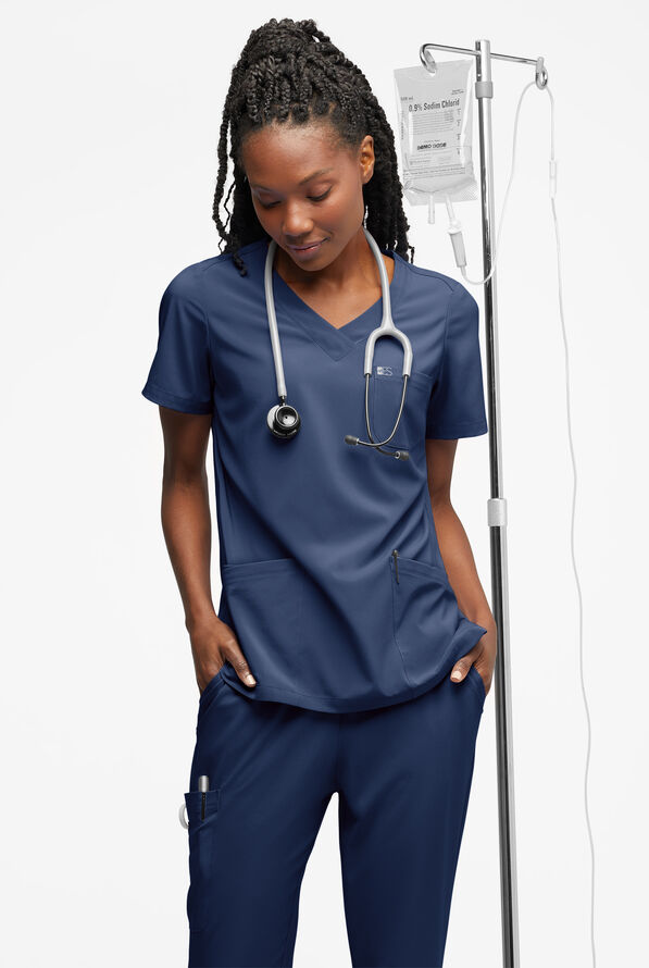 Easy STRETCH Tessa Women's 5-Pocket V-Neck Scrub Top - Navy - 4
