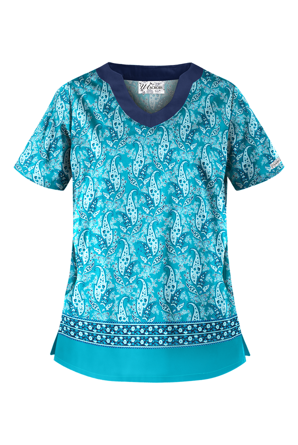 UA Best Buy Scrubs Floating Paisley Turquoise Women's 2-Pocket Scallop Neck Print Scrub Top - null - 1