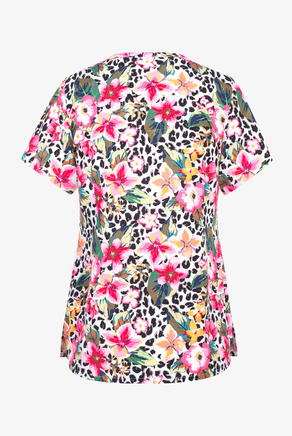 Maevn Wild Cats Floral Women's 3-Pocket STRETCH V-Neck Print Scrub Top - null - 2