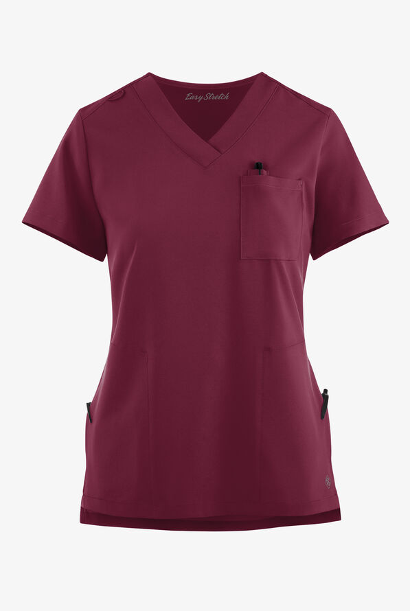 Easy STRETCH Taylor Women's 3-Pocket High Low Hem V-Neck Scrub Top - Wine - 6