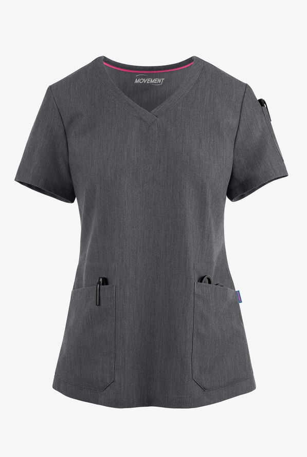 Blusa médica MOVEMENT by Butter-Soft Antares STRETCH con cuello en V y 6 bolsillos para mujer - Charcoal Heather - 1