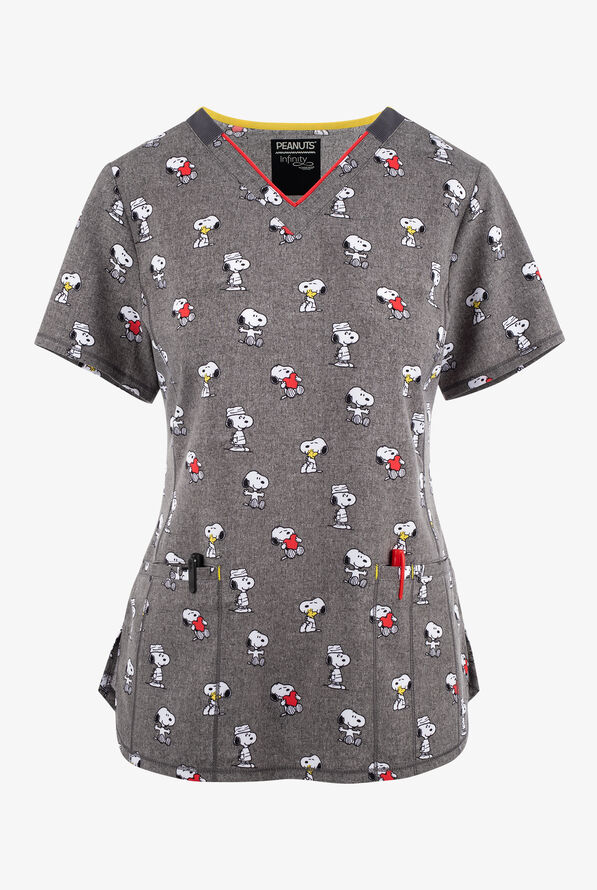 Infinity  Snoopy Love Women's 2-pocket STRETCH V-Neck Print Scrub Top - null - 1