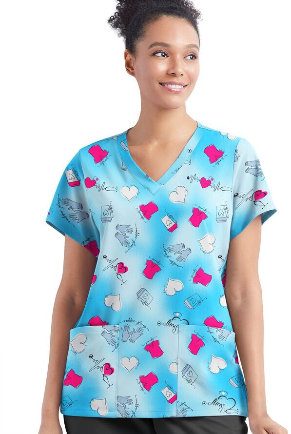 Happy Scrubs Healing Hearts Morning Dew Women's 4-Pocket Rounded V-Neck Print Scrub Top - null - 2