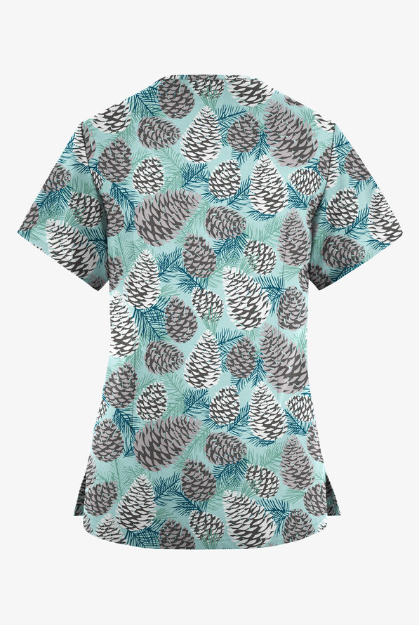 Butter-Soft Originals Winter Pine Cones Sea Frost Women's 4-Pocket Rounded V-Neck Print Scrub Top - null - 2