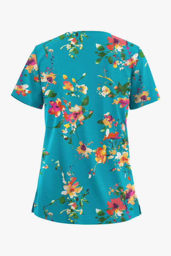 Butter-Soft STRETCH Abstract Garden Turquoise Women's 2-Pocket V-Neck Print Scrub Top - null - 2