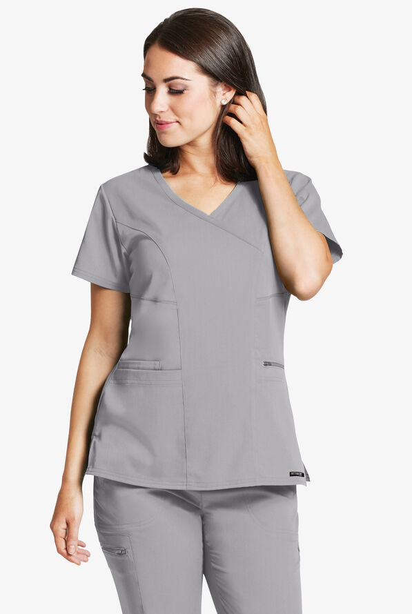 Grey's Anatomy by Barco Spandex STRETCH Kim Women's 3-Pocket Mock Wrap Scrub Top - Moonstruck - 2