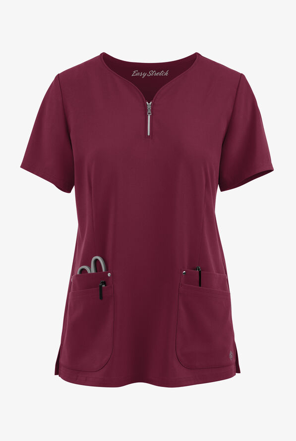 Blusa médica Easy STRETCH Arianna con cuello curvo y 4 bolsillos para mujer - Wine - 1