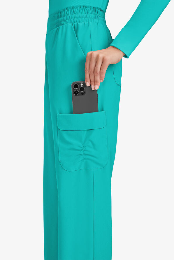 Planet koi Ayla Women's 6-Pocket STRETCH Flat Waist Rouched Cargo Convertible Wide Leg Scrub Pants - Waterfall Blue - 3