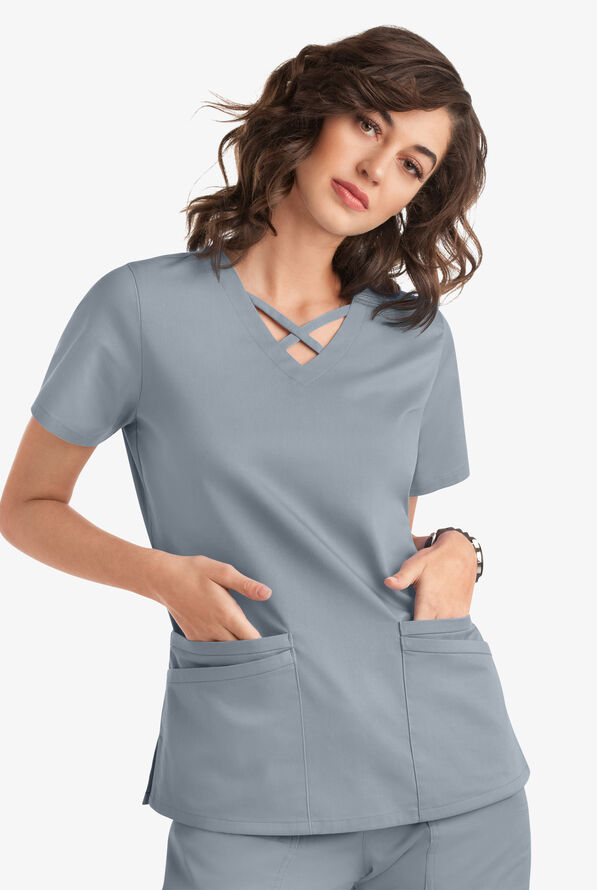 Blusa m&eacute;dica UA Butter-Soft STRETCH con lazos entrecruzados y 4 bolsillos para mujer - Silver - 5