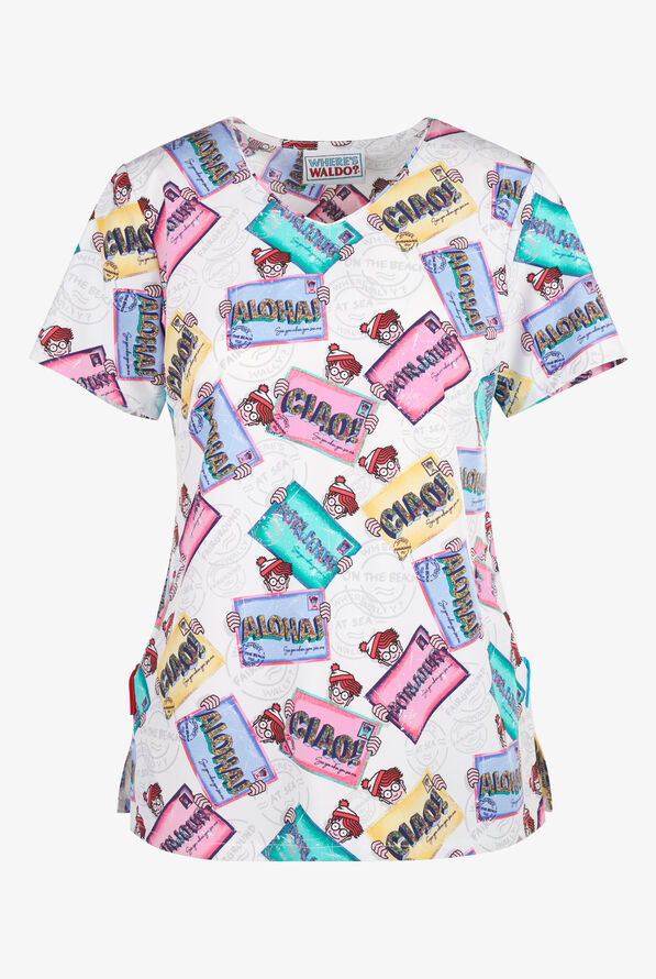 Tooniforms Where's Waldo? I’m Right Here Women's 2-Pocket STRETCH V-Neck Print Scrub Top - null - 1