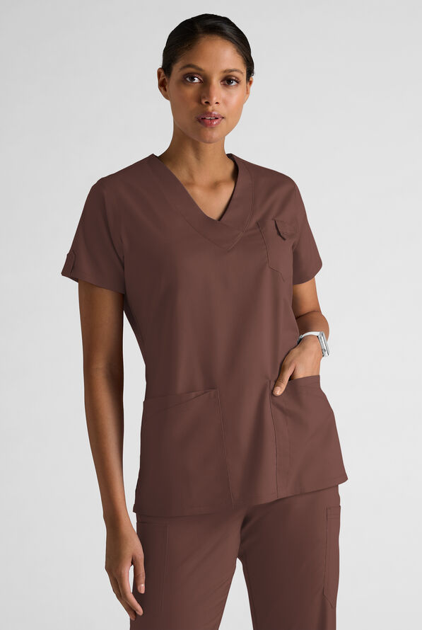 Butter-Soft STRETCH FLXTEK+ Women's 6-Pocket V-Neck Scrub Top - French Roast - 1