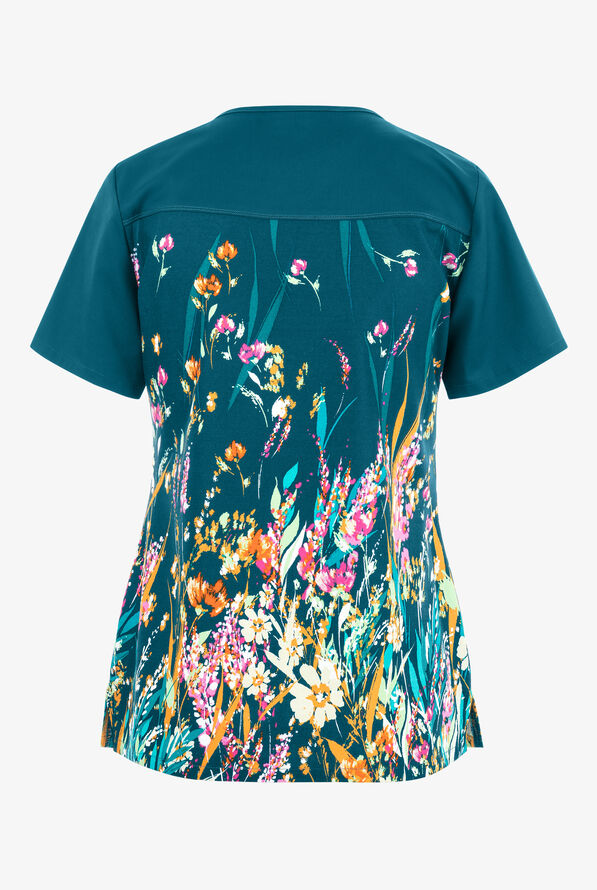 Tooniforms Flower Walk Winnie The Pooh Women's 2-Pocket V-Neck Print Scrub Top - null - 2