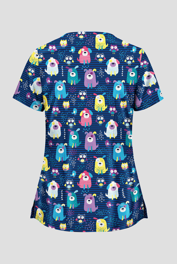 Strictly Scrubs STRETCH Yard Friends Navy Women's 2-Pocket V-Neck Print Scrub Top - null - 2