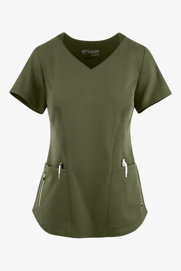Grey's Anatomy by Barco Spandex STRETCH Carly Women's 3-Pocket Sport V-Neck Scrub Top - Olive - 1